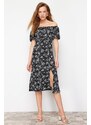 Trendyol Black Printed Slit Carmen Collar Gathered Textured Stretch Knitted Maxi Dress