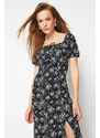 Trendyol Black Printed Slit Carmen Collar Gathered Textured Stretch Knitted Maxi Dress