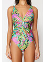 Trendyol Tropical Patterned Deep V Neck Knotted High Leg Regular Swimsuit