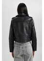 DEFACTO Relax Fit Faux Leather Belted Crop Biker Jacket