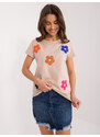 Fashionhunters Tmavě béžové tričko s květinovou aplikací BASIC FEEL GOOD