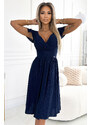 numoco MATILDE - Tmavě modré dámské šaty s brokátem, výstřihem a krátkými rukávy 425-8
