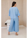 K-Fashion Viskózový komplet halenka + kalhoty se širokými nohavicemi modrý