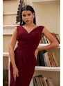 Carmen Claret Red Sandy Long Evening Dress with a Slit