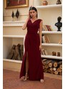 Carmen Claret Red Sandy Long Evening Dress with a Slit