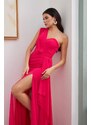 Carmen Fuchsia Chiffon One-Shoulder Slit Long Evening Dress