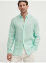 Lněná košile Tommy Hilfiger zelená barva, regular, s límečkem button-down, MW0MW34602