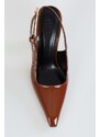 Shoeberry Women's Laurend Brown Patent Leather Short Toe Belted Stiletto