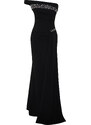 Trendyol Black Single Sleeve Stone Accessory Long Evening Dress