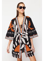 Trendyol Ethnic Pattern Belted Mini-Weave 100% Cotton Kimono & Caftan