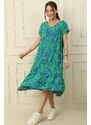 By Saygı V-neck Leaf Pattern Skirt Pleated Oversize Comfortable Fit Viscose Dress