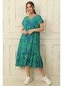 By Saygı V-neck Leaf Pattern Skirt Pleated Oversize Comfortable Fit Viscose Dress