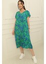 By Saygı V-neck Leaf Pattern Skirt Pleated Oversize Comfortable Fit Viscose Dress