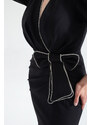 Lafaba Women's Black Double Breasted Neck Slit Midi Evening Dress