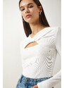 Happiness İstanbul Women's White Cut Out Detailed Ribbed Knitted Blouse