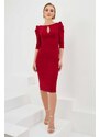 Carmen Burgundy Crepe Pearl Embroidered Midi Evening Dress