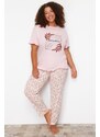 Trendyol Curve Pink Floral Pattern Knitted Pajamas Set