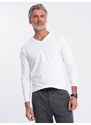 Ombre Clothing Pánské tričko s dlouhým rukávem bez potisku a s výstřihem - bílé V3 OM-LSBL-0108