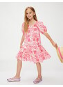Koton Mini Floral Dress Short Balloon Sleeves Square Collar Lined