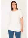 Şans Women's Plus Size Bone Crew Neck Hem Low Sleeve Tunic with Tape