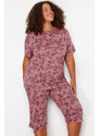 Trendyol Curve Pink Floral Pattern Capri Knitted Pajamas Set