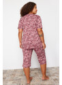 Trendyol Curve Pink Floral Pattern Capri Knitted Pajamas Set