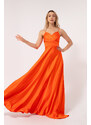 Lafaba Women's Orange Long Satin Evening Dress & Prom Dress with Thread Straps and Waist Belt