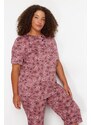 Trendyol Curve Pink Floral Pattern Capri Knitted Pajamas Set