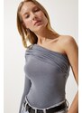 Happiness İstanbul Women's Gray One-Shoulder Gathered Detailed Knitted Blouse