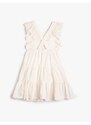 Koton Ruffled Dress with Floral Embroidery Crossover Back Cotton