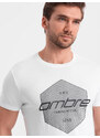 Ombre Clothing Pánské bavlněné tričko s geometrickým potiskem a logem - bílé V1 OM-TSPT-0141