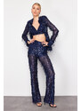 Trendyol Navy Blue Wide Leg Sequined Knitted Trousers