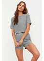Trendyol Gray Ribbed Cotton Knitted Pajamas Set