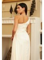 Carmen Ecru Satin One-Shoulder Slit Long Outdoor Engagement Dress