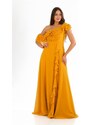 Carmen Saffron Chiffon Off Shoulder Flounce Slit Evening Dress