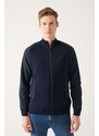 Avva Men's Navy Blue Wool Blended Sleeve Parachute Fabric Detailed Zippered Standartfit Regular Fit Cardigan