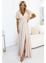 numoco 581-6 JENNIFER dlouhé šaty s rozparkem na nohou, rukávy a výstřihem - BEACH