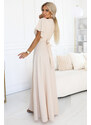 numoco 581-6 JENNIFER dlouhé šaty s rozparkem na nohou, rukávy a výstřihem - BEACH
