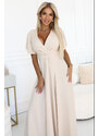 numoco 581-6 JENNIFER dlouhé šaty s rozparkem na nohou, rukávy a výstřihem - BEACH