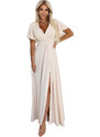 numoco 581-6 JENNIFER dlouhé šaty s rozparkem na nohou, rukávy a výstřihem - BEACH