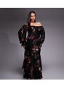 ASOS Curve ASOS DESIGN Curve bardot ruffle maxi dress with tiered godets and blouson sleeves in floral print-Multi