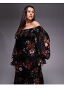 ASOS Curve ASOS DESIGN Curve bardot ruffle maxi dress with tiered godets and blouson sleeves in floral print-Multi