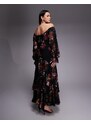 ASOS Curve ASOS DESIGN Curve bardot ruffle maxi dress with tiered godets and blouson sleeves in floral print-Multi